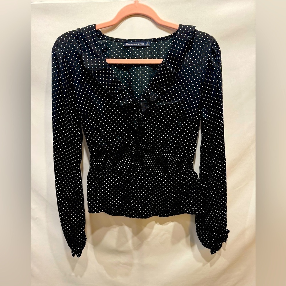 Abercrombie & Fitch Black & White Polka Dot Ruffle Long Sleeve Blouse | Small